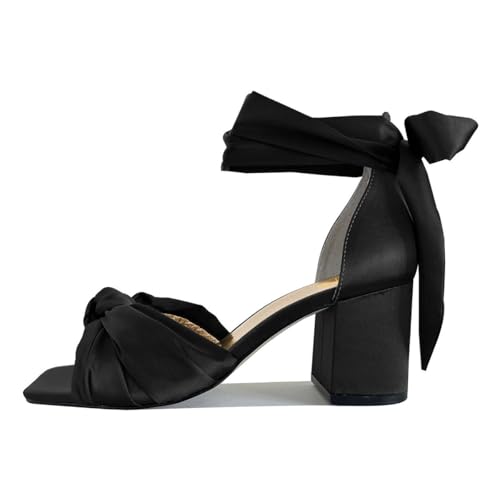 XYD Women Satin Block Heel Dress Sandals Bowknot Open Toe Ankle Strap Tie-up Pumps Dating Wedding Summer Shoes