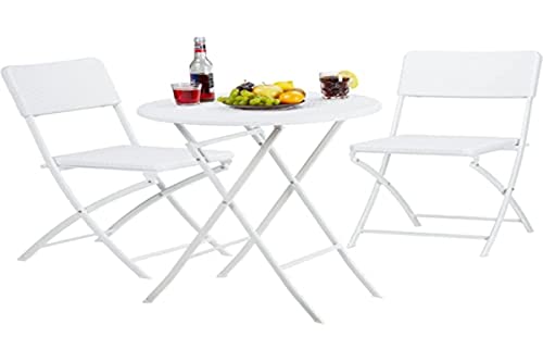 Relaxdays Gartenmöbel Set Bastian, klappbar, 3-teilig, Rattan-Optik, klein, HBT Tisch: 75,5 x 60 x 60 cm, weiß