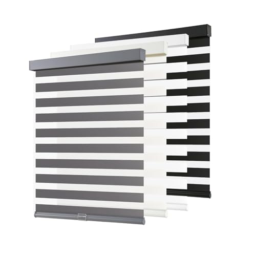 Image of AOSKY Cordless Zebra Blinds for Windows Pull Down Roller Window Shades Dual Layer Light Filtering Privacy for Day and Night, Free-Stop Door Shades for Home Easy to Install (57" W X 72" H, Grey)