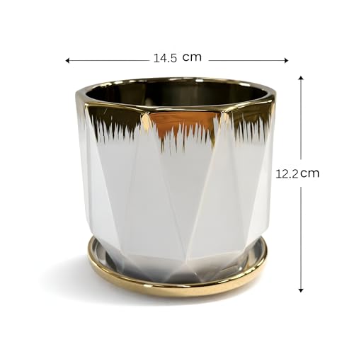 Image of Xtore Refined Faceted Ceramic Planter with Metallic Rim & Drain Tray | Contemporary Decorative Pot for Living Room, Desk & Balcony Styling (Pack of 1, Planter only)