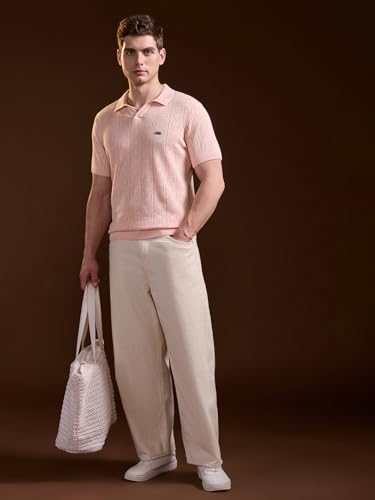Image of THE BEAR HOUSE Men's Pink Pure Cotton Textured Knit Polo