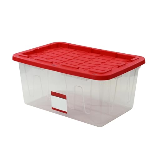 CLMSTE 27 Gallon Clear Plastic Storage Bin with Red Lid, Storage for all ages