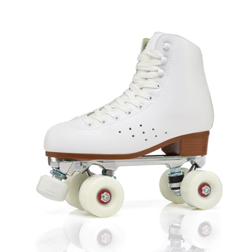 XNEOPP Patines 4 Ruedas De Mujer Adultos, Material De Microfibra Patines Derby De Rodillos De Doble Fila Clásicos, Profesionales De Roller Derby para Niñas Y Niños Interiores,Blanca,EU/40