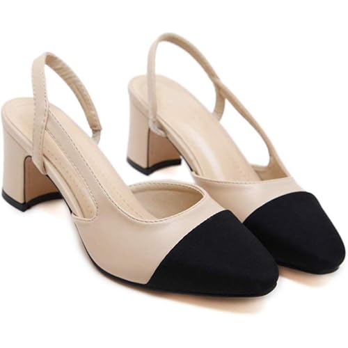 LAIYUTING Damen Elegant Blockabsatz Slingback Weiches Leder Sandale Pumps, Beige,40 EU
