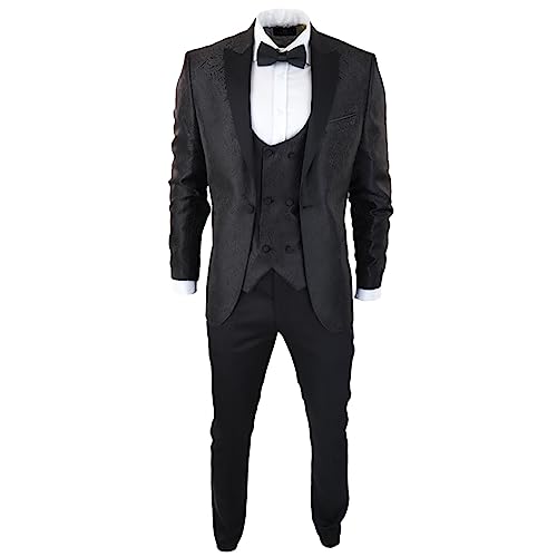Mens Paisley Tuxedo Blazer and Waistcoat Brocade Dinner Jacket Satin Black Fit3