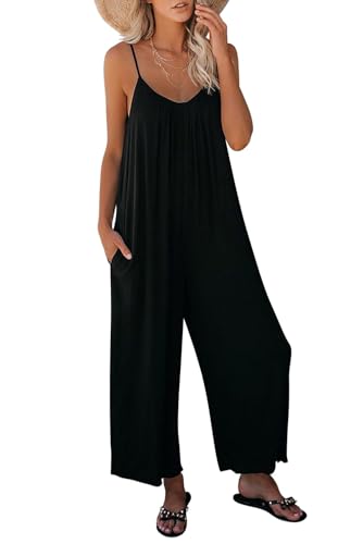 Thumbnail - AGUCEG Damen Sommer Sexy Deep V Jumpsuit Damen Ärmellos Jumpsuit Damen Oversized Loose Pocket Jumpsuit XL X-Large Schwar...