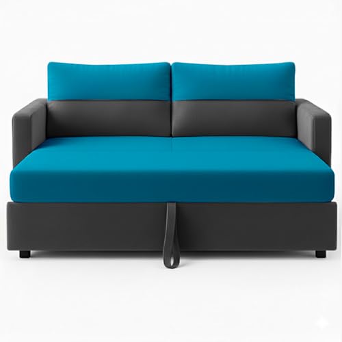 Image of SOCOZI Enrique 2-Seater Pull-Out Sofa Cum Bed | Soft Velvet Suede Fabric, Convertible Sofa Bed for Bedroom (Dark Grey-Aqua Blue)