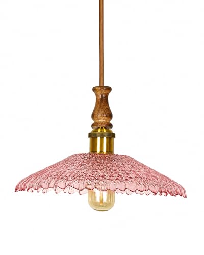 Image of Homesake Botanica Pendant Lamp | Petal Scalloped Glass Hanging Light with Solid Wood Top | Vintage European Ceiling Fixture, Pendant Light for Home Decor, Hallway, Kitchen & Balcony, (Ripple, Pink)