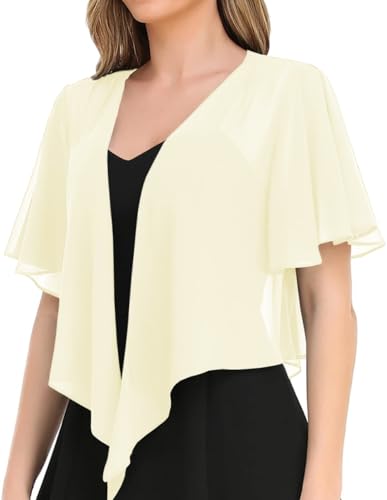 Image of Women's Solid Puff Sleeve Kimono Short Cardigan Loose Cover Up Casual Blouse Top Chiffon