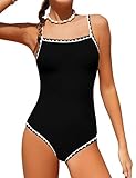 WIQI Girls Swimsuit One Piece Bathing Suits Fashion Color Contrast Trim Teen Swimwear with Cover Up Skirt Girls Swimsuits Size 12-14 Black