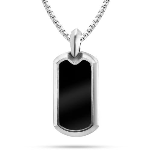 RTZN® Black Onyx Necklace for Men – Premium Dog Tag Black Onyx Mens Pendant Necklaces with Stainless Steel Box Chain 22