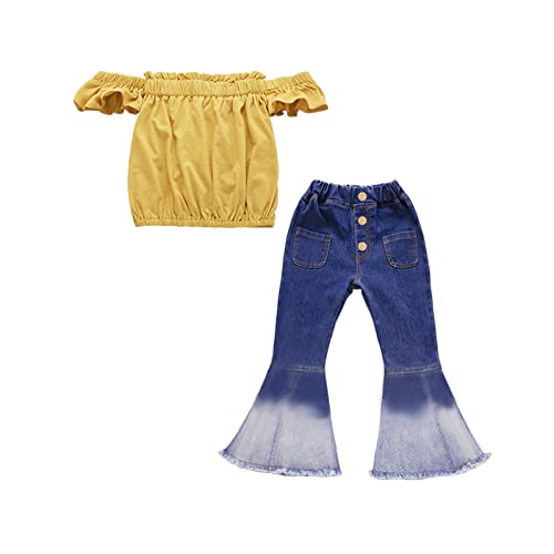 Summer Clothes for Girls Children Wear Girl Gradient Bell Bottoms Denim Jeans High Waist Splicing Buttons (Yellow, 7Y)