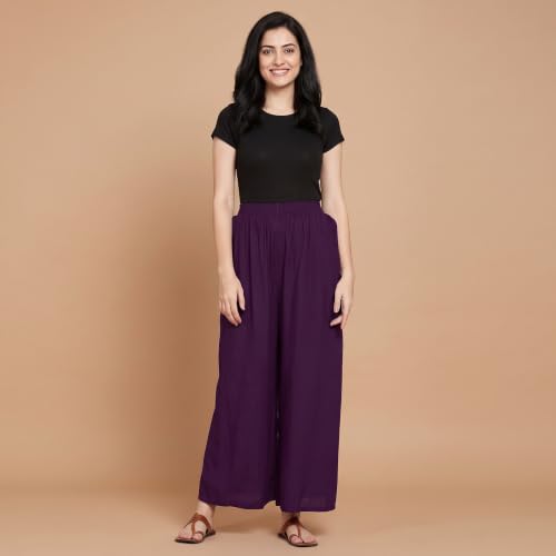 Image of FASHION GALLERY Women's Solid Rayon Palazzo Pants | Relaxed Fit Full Length Wide Leg Palazzo | Elastic Waist Comfortable Casual Lounge Office Ethnic Flared Trousers for Women