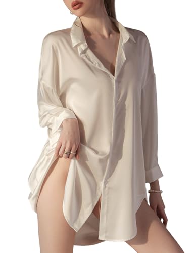 NewBull Women's Long sleeve Dress Shirts Oversized Satin Button Down Blouses Bussiness Casual Tops for Ladies Women Sexy Babydoll Lingerie Plus Size Bathrobe Bikini Cover-Up for Beach Pool Party