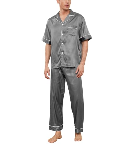 Reviews de Ropa de dormir para Hombre que Puedes Comprar On-line. 42 Tefola Pijamas para Hombres Satén Conjunto de Pijama Manga Corta y Pantalones Largos, Ropa De Dormir de Dos Piezas, Transpirable y Cómoda