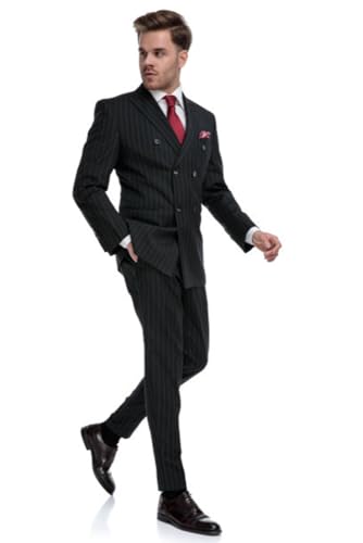 UNINUKOO Men's Suits 2 Piece Pinstripe Double Breasted Tuxedo Suit for Men Slim Fit Formal Dress Blazer Jacket Pants US Size XL Black4
