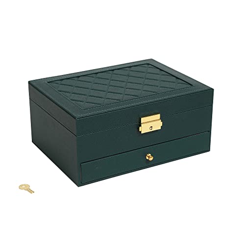 Addong Double Layer Large Capacity Lock Jewelry Box Pu Leather Ringer Lattice Decoration Box Jewelry Storage Display Box, Necklace Ring Ear Stud Storage Rack (Green) #TOP2