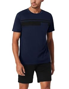 Bresdk Schlafanzug Herren Kurz Baumwolle Sommer Pyjama Set mit Taschen Nachtwäsche Kurzarm Pyjama-Top und Shorty Schlafanzughose Blau M