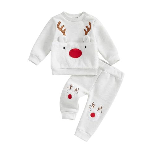 Xiaodriceee My First Christmas Baby Girl Outfit Reindeer Embroidery Long Sleeve Crewneck Sweatshirt with Pants 2Pcs Set Winter Clothes (A-Gray, 3-6 Months)