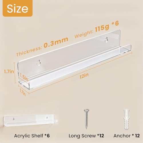 Vinyl Record Shelf Wall Mount, 12 inch Clear Acrylic Album Record Holder Display, Floating Shelves for Wall, Magazine Shelf, Kids Bookshelf, Suitable for Bedroom, Living Room, etc.—6 Pack