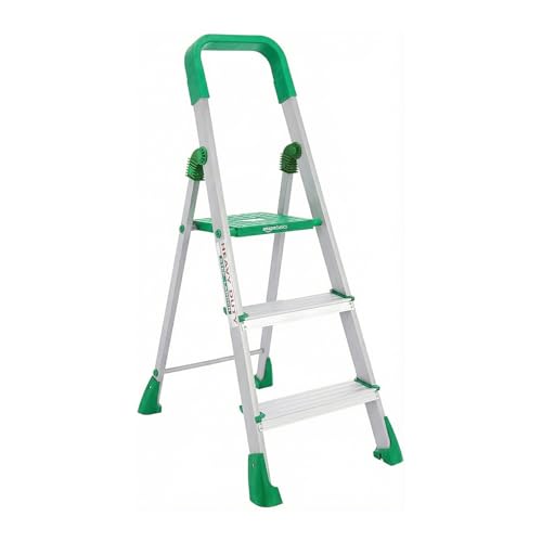 Image of Amazon Basics Clamber Pro - Foldable Step Ladder, Firm Grip, 3 Steps (Aluminium Steps, Green & Satin)
