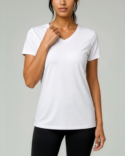 Image of Real Essentials 5 Pack: Women's Dry-Fit Short Sleeve V Neck T Shirt Workout Fitness Yoga Top Tee (Available in Plus Size) | Available In Plus Size, Short Sleeve Moisture Wicking Stretch Activewear Running Hiking Tennis Pickleball Sports Exercise