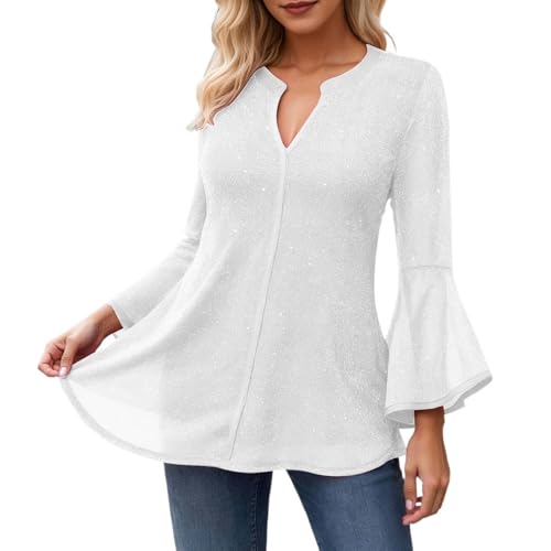 Blusa con purpurina para mujer, manga 3/4, elegante, con lentejuelas, túnica festiva, de malla, jersey de un solo color, camiseta de Nochevieja, ligera y ventilada, camiseta moderna, Blanco, XL