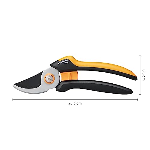 Fiskars Bypass Garden Pruners L, Solid, P341, For fresh branches and twigs, Non-stick coated, Stainless steel blades, Length: 20.5 cm, Black/Orange, 1057164