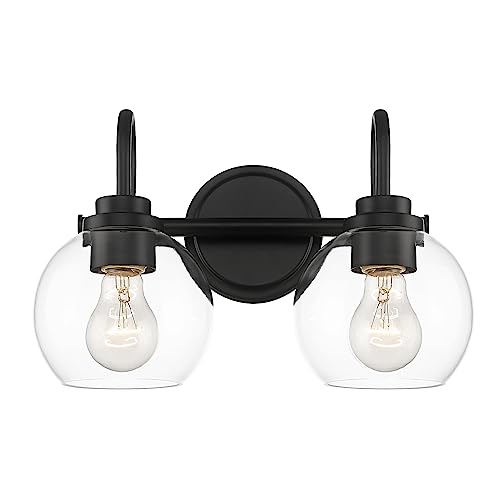 Image of 2-Light Bathroom Vanity Light Over Mirror, Matte Black Vanity Light with Clear Glass Shade, Bathroom Light Fixtures Wall Mount for Powder Room Bath, AD-22280-2W-BK