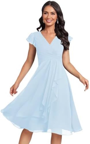 Monvelli Ruffle Chiffon Bridesmaid Dresses Short with Sleeves V N...