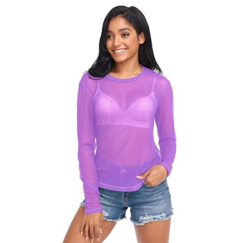 Purple 01 Women's Long Sleeve See Through Mesh Sheer Top Blouse