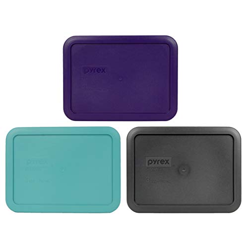 Pyrex 7210-Pc 3 Cup (1) Purple, (1) Turquoise, (1) Charcoal Grey Rectangle Plastic Lid, Made In Usa #TOP20