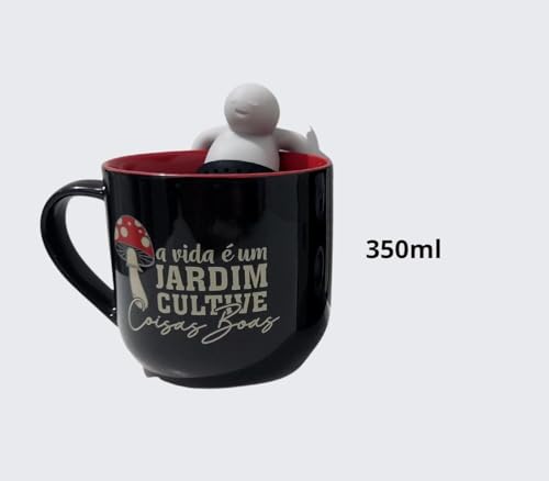 Caneca Cultive Coisas Boas Com Boneco Infusor de Chá De Cerâmica 350ml
