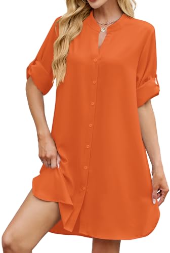 Image of PerZeal Womens Sexy V Neck Button Down Shirt Dresses Summer Short Sleeve Casual Loose Blouses & Button-Down Shifts Cover Ups
