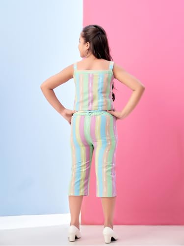 Image of Aarika Girls Casual Wear Pink Colour Stripes Print Cotton Top & Pant With Belt