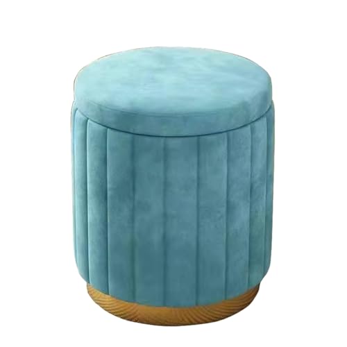 ISHEGREV Taburete de almacenaje Redondo Acolchado de Lino con Tapa Color Azul Ideal para Dormitorio, salón, vestidor y Pasillo 34x45cm