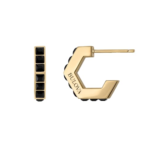 Bulova Jewelry Men's Icon Gold Stainless Steel with Black Spinel Inlay Open Hexagon Shape C-Hoop Earrings, Style: BVE1015-GSTBSP2