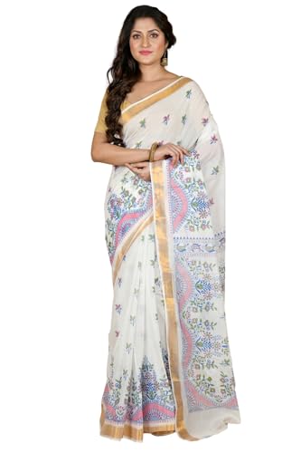 Image of eC ESHA'S COLLECTION Women's Kerala Cotton Floral Motif Printed Zari Bordered Tant Saree Without Blouse Piece