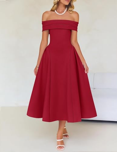 Image of ZESICA Summer 2026 Cocktail Dresses for Women's Off Shoulder Short Sleeve Swing A Line Wedding Evening Party Midi Dress