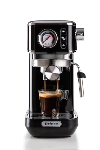 Ariete 1381 Machine à café avec manomètre, compatible avec café en poudre et dosettes ESE, 1300 W, capacité 1,1 L, 15 bar de pression, filtre ½ tasses, appareil Cappuccino, noir