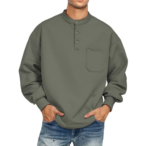 Men's Casual Henley Sweatshirts Long Sleeve Button Placket Pullovers Fall Fashion Sweatshirt with Chest Pocket
