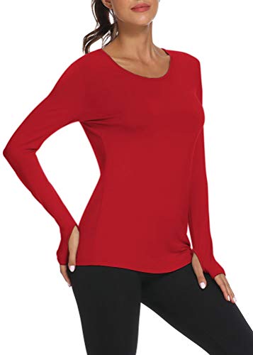 Mippo Long Sleeve Workout Tops Athletic Pilates T Shirts Long Sleeved Activewear Tops Flowy Loose Thumb Hole T-Shirts Cute Workout Yoga Clothes For Women Red M #TOP2