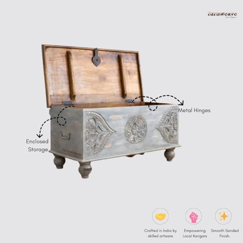 Image of Devin Wooden Trunk Box for Storage | Solid Wood Coffee Table for Living Room | Center Coffee Table with Storage | Front Wooden Carved Sandook Pitara for Home Decor & Bedroom (Grey Distress)