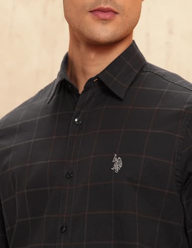 Image of U.S.Polo Association Men's Tailored Fit Windowpane Checked Shirt (USSHT3027 Dark Brown 48)