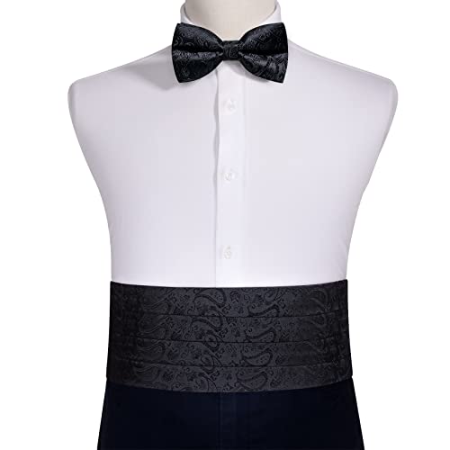 Image of Barry.Wang Men Silk Paisley Cummerbund and Pre-tied Bowtie Handkerchief Cufflink Set for Tuxedo