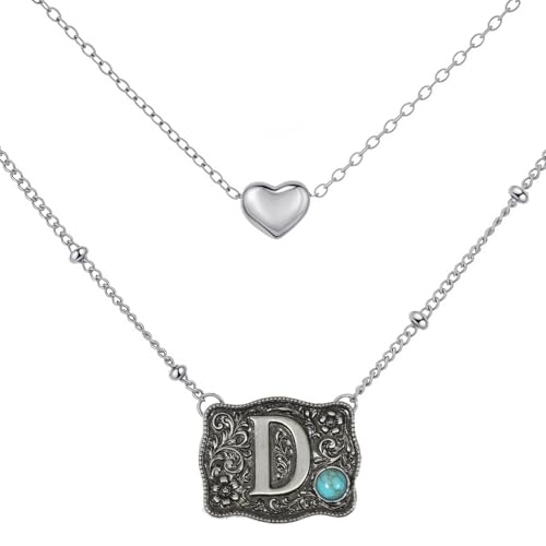 MANZHEN Belt Buckle Bracelet Initial Letter A-Z Bracelets Western Cow Tag Bracelet Belt Buckle Necklace Western Style Initial Letter Pendant Necklace (Necklace, D)