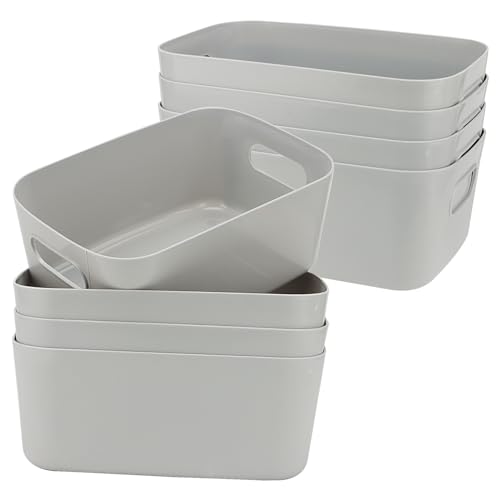 SINJEUN 8 Stück Aufbewahrungsbox Kunststoff Grau, 25 x 16,5 x 10cm Küchenschrank Organizer Box mit Griff, Aufbewahrungsboxen Plastik Aufbewahrungskorb Kunststoffkorb für Küchen Badezimmer