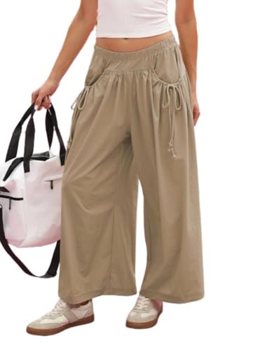 CHARTOU Women Summer Tie Front Wide Leg Pants Casual Loose Elastic Waist Baggy Pants with Pockets
