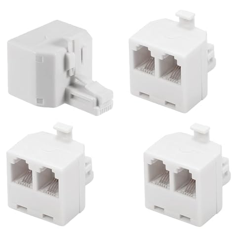 Menewstart 2 Way Telephone Splitter Wall Jack Adapter, 4 Pack, White, 1 Male to 2 Converter Cable RJ11 6P4C Telephone Adapter and Separator for Landline onto Wall Jack, Applied for Phone, Fax, Modem Cover
