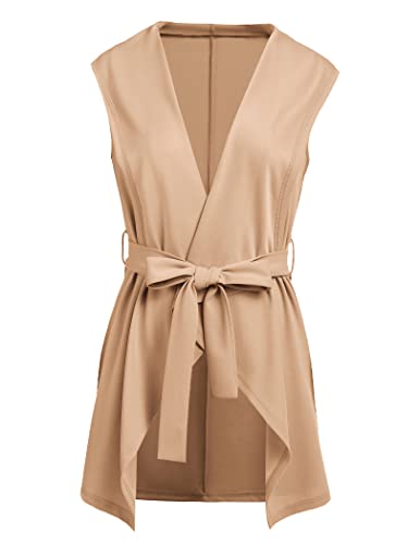 Grabsa Long Vest For Women Sleeveless Cardigan Vest Open Front Duster Cardigans Asymmetrical Jacket With Belt Light Khaki Large #TOP7